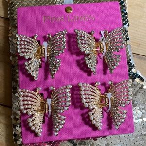 Set of 4 Pink Linen Faux Pearl & Rhinestone butterfly Shaped Hair Claw Clips